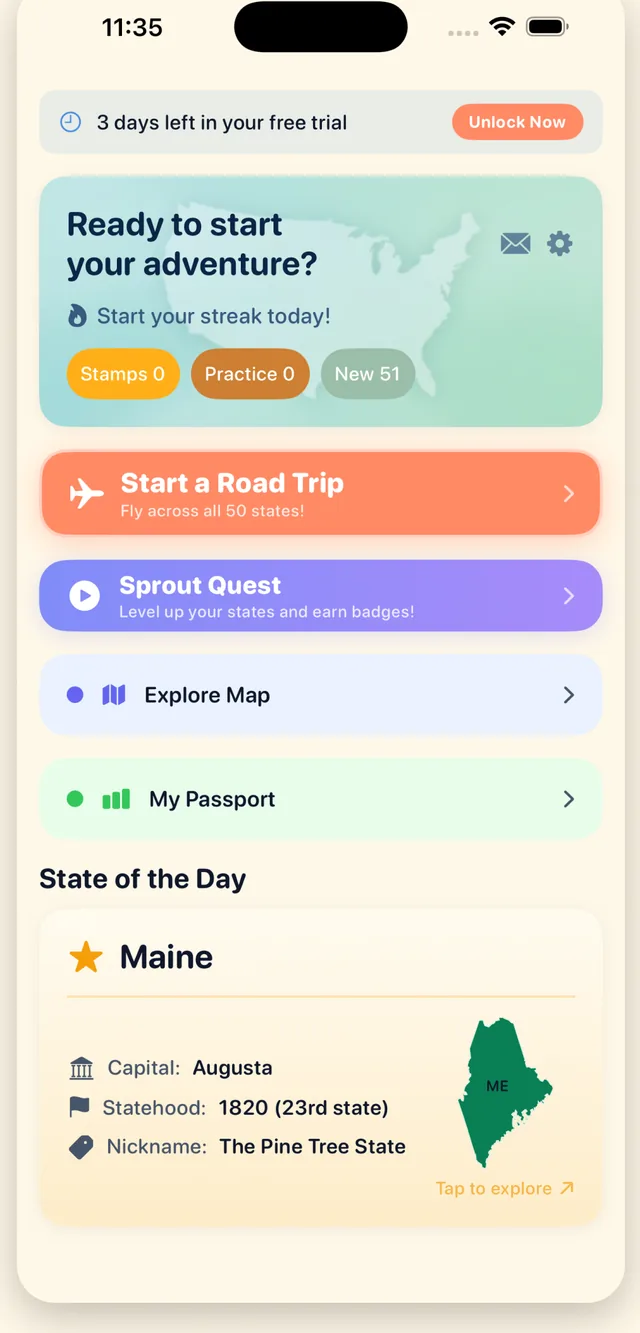 The MapSprout home hub with Road Trip, Sprout Quest, Explore Map, and the State of the Day.