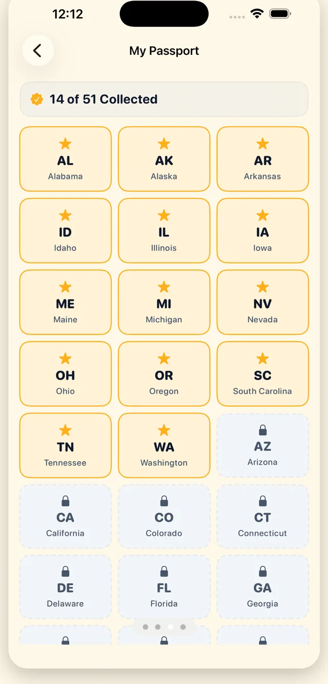 The My Passport screen showing a grid of collected and locked state stamps.