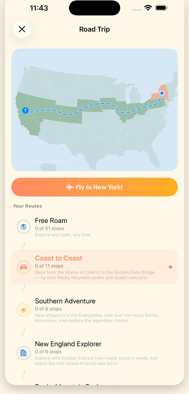 The Road Trip screen listing routes to choose from.