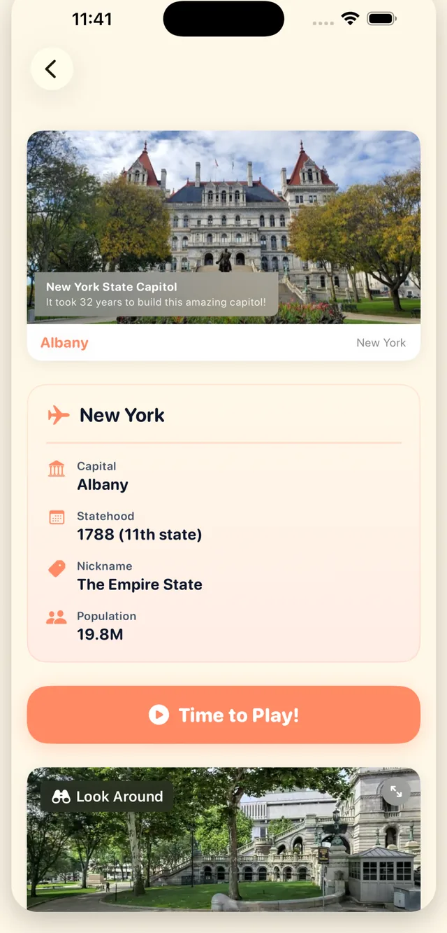 A state information screen with kid-friendly facts and a landmark photo.
