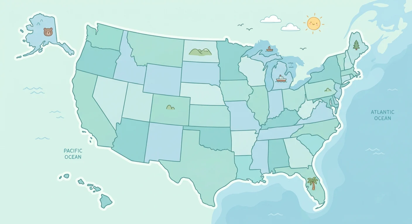 Illustrated map of the United States with a road-trip route winding from west to east.